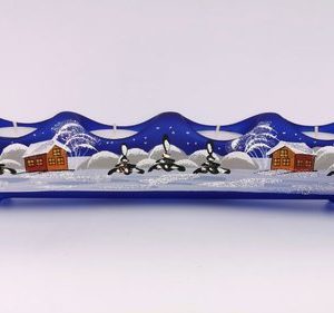 Adventshalter, 4er, blau, Winterlandschaft m. braunen Häusern