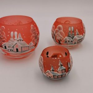Teelichthalter handbemalt, orange, Winterlandschaft m. weißen Häusern