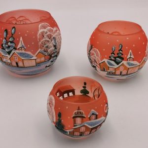 Teelichthalter, 6x7 cm, orange, Winterlandschaft m. braunen Häusern