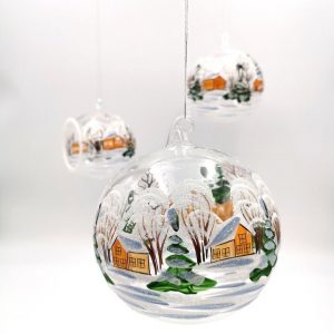 handgearbeitete Glaskugel, transparent,Winterlandschaft m. braunen Häusern
