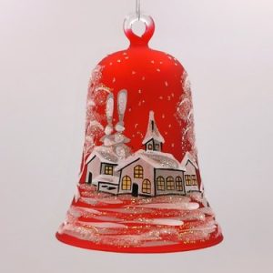 Glocke handgearbeitet,  9 cm, rot, Motiv Winterlandschaft mit weißen Häusern