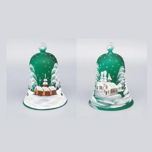 Glocke handgearbeitet, 13cm, grün, Motiv Winterlandschaft. mit weißen oder braunen Häusern