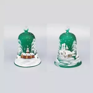 Glocke handgearbeitet, 13cm, grün, Motiv Winterlandschaft. mit weißen oder braunen Häusern