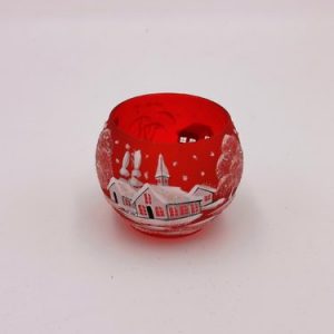 Teelichthalter handbemalt, rot - Winterlandschaft m. weißen Häusern